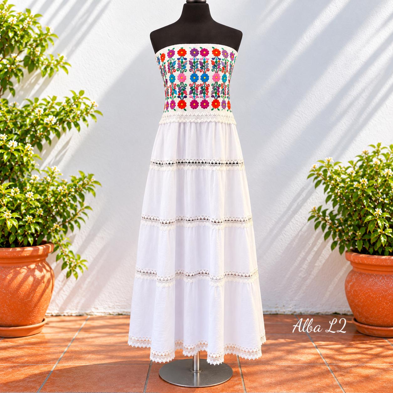 Image of Medium, White Maxi Dress Strapless Wedding Guest Beach Boho Bride Mexican Embroidered Bodice Floral Tiered Skirt Lace Muslin Summer Festival