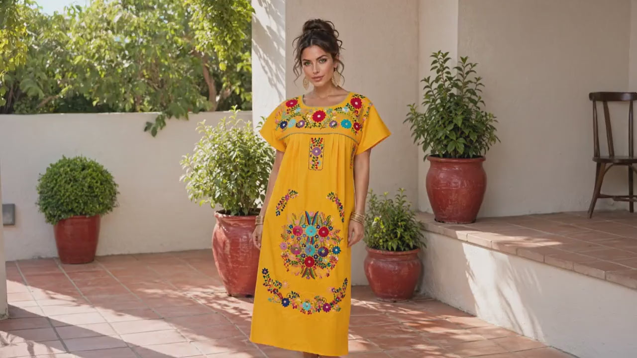 Image of Chanel Women's Long Hand Embroidered Mexican Puebla Dress style, Cultural events, Fiestas, Birthday gift, Cinco de Mayo