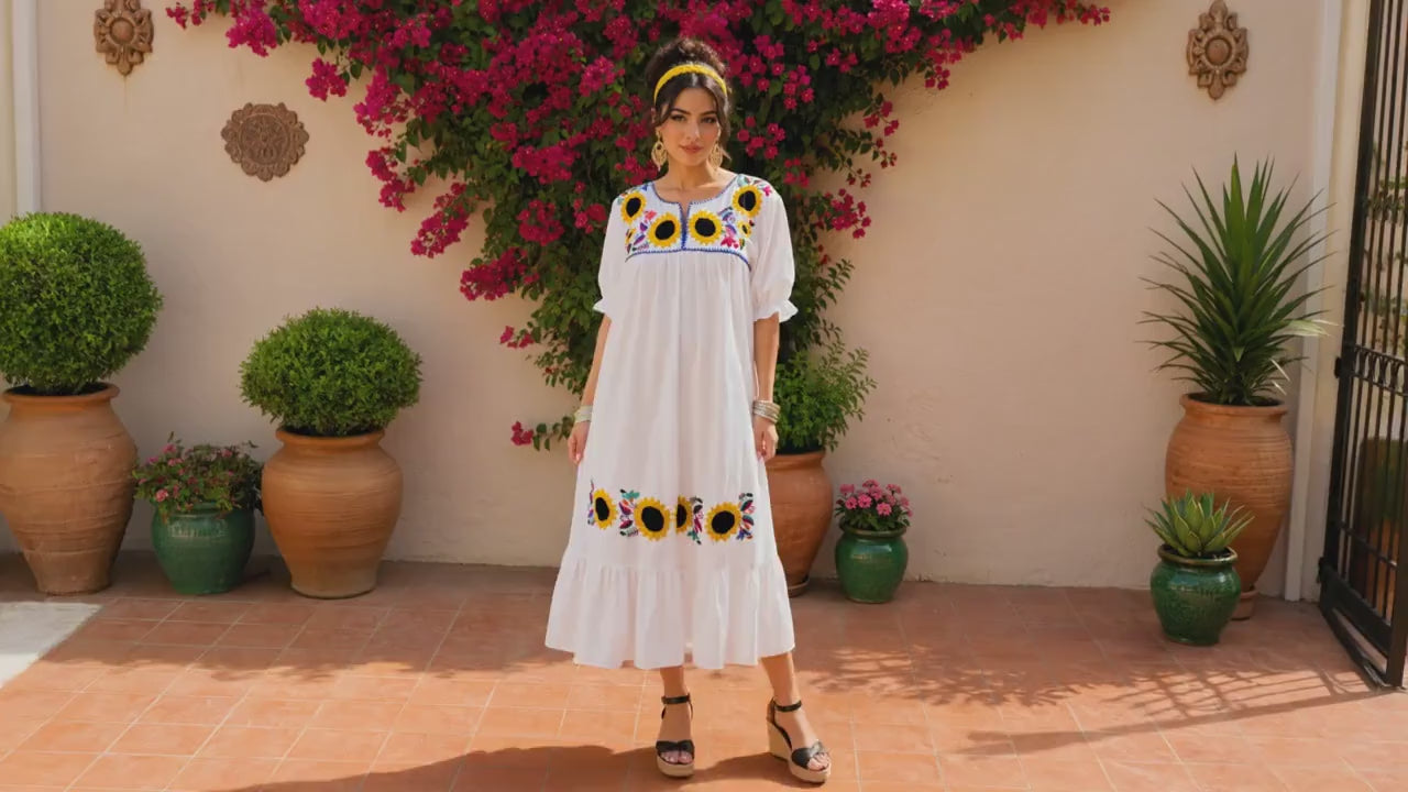 Image of Alma-White3, Handmade Embroidered Maxi Dress, Sunflower design, Maternity, Baby Shower, Resort Wear, Gender Reveal, Mother to be, Large Size