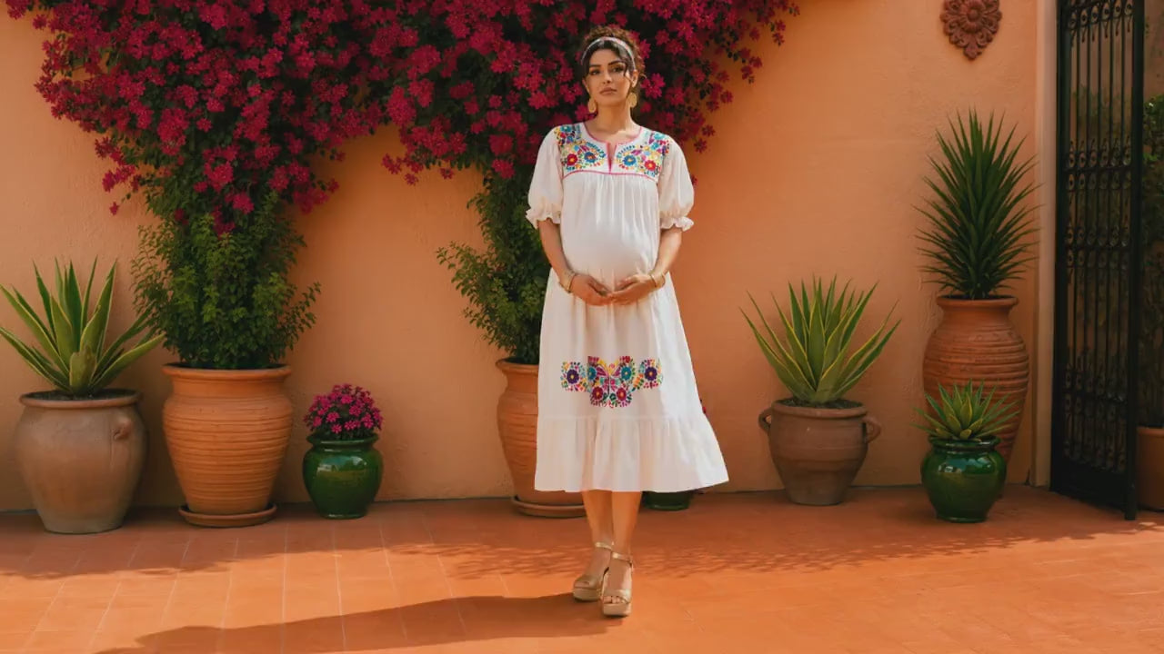 Image of Alma Beige2, Handmade Embroidered Maxi Dress, Puebla Mexico, Maternity, Baby Shower, Resort Wear, Resort dress, Vacation dress, XLarge size