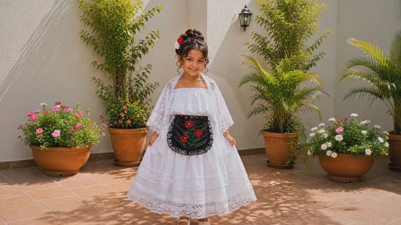 Girls Veracruzano, 4 Piece Mexican Folk Dance Outfit, White Jarocha Costume, Embroidered Apron, Cultural Festival Attire for Girls