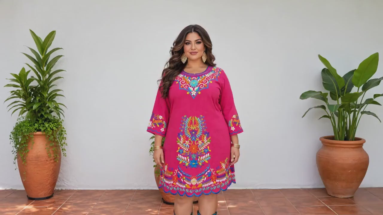 Image of Plus Size Mexican Embroidered Tunic Dress, Fiusha Floral Folk Art, Boho Fiesta Outfit