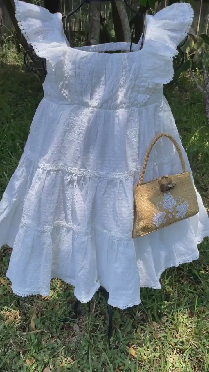Beautiful White Summer Girls Dress with Embroidered Faux Leather Bag