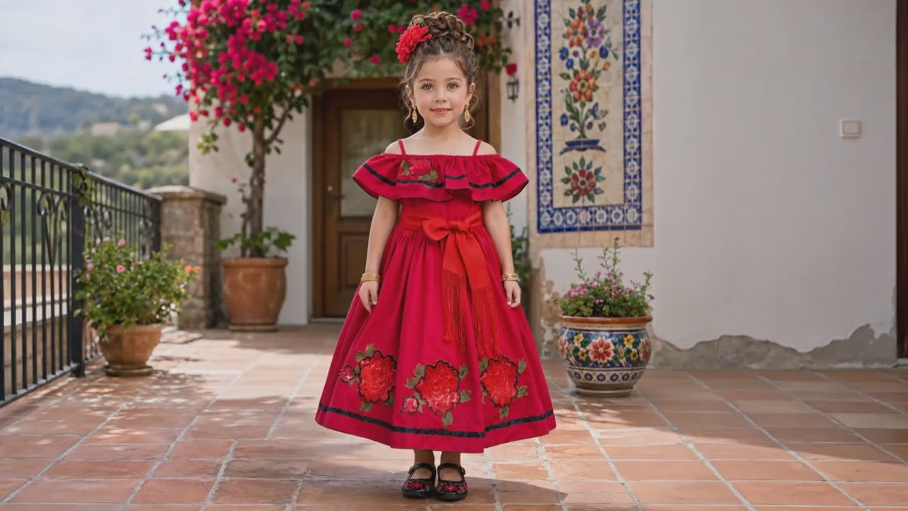 Image of Pao, Girls Red Mexican Folkloric Dress, Floral Embroidered Fiesta Dress, Pageant Outfit, Cultural Dance Dress, Mexican Heritage Gown