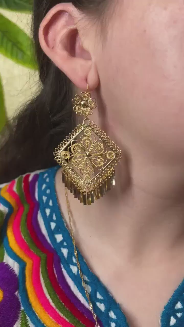 Image of Gold Plated Mexican Earrings: Oaxaca Artisan Rombo Design