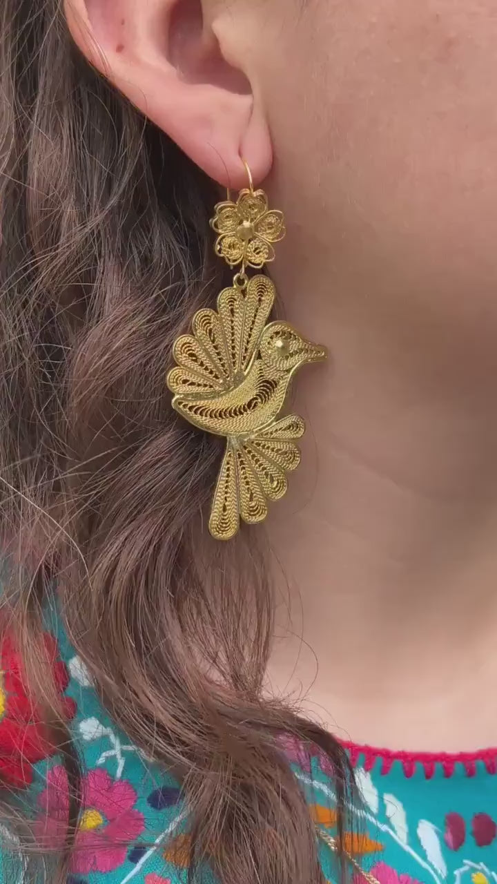 Humming Bird - Mexican Artisanal Earrings - Beautiful Gold Plated Bird Folkloric Earrings made by our Oaxaca Artisan Partners