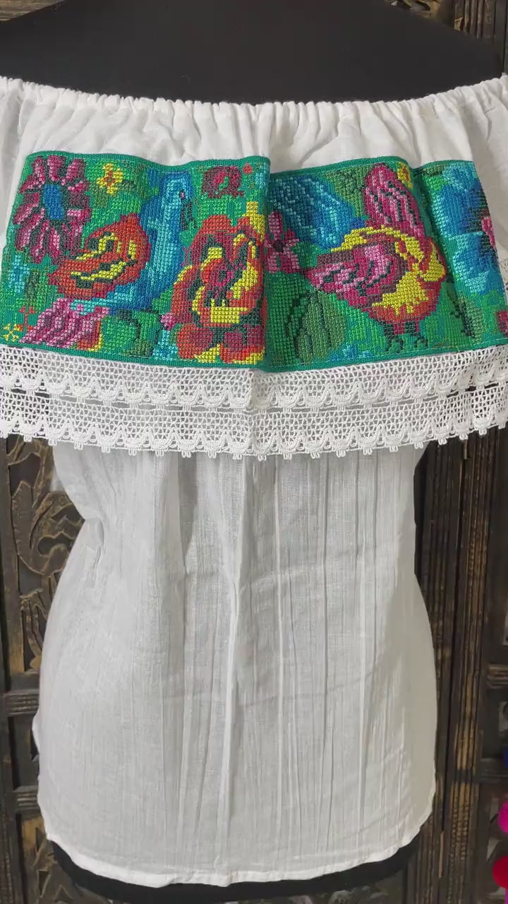 Image of White Off Shoulder Cross-stitched Floral Design Blouse - Artisanal Flower Blouse