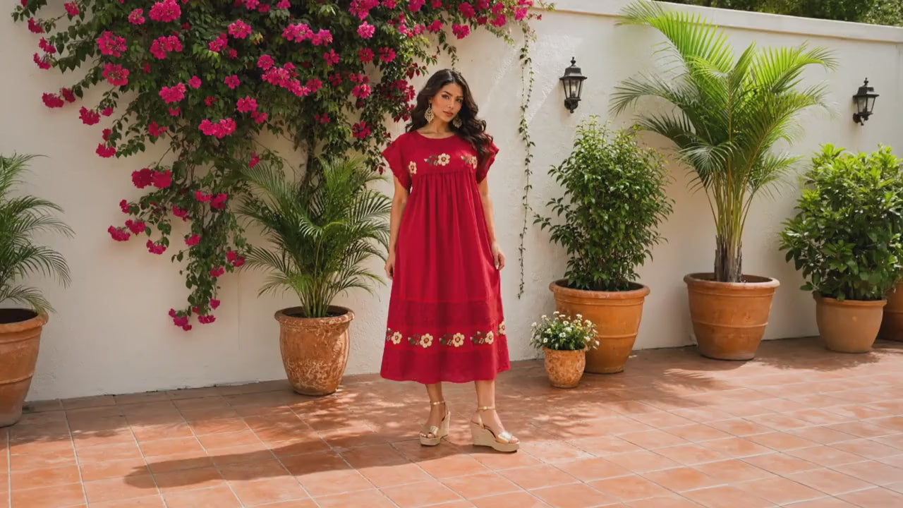 Image of Elena Red Oaxaca Embroidered Dress, Gold Silk Lace Midi Huipil, Handmade Artisan Fiesta Dress
