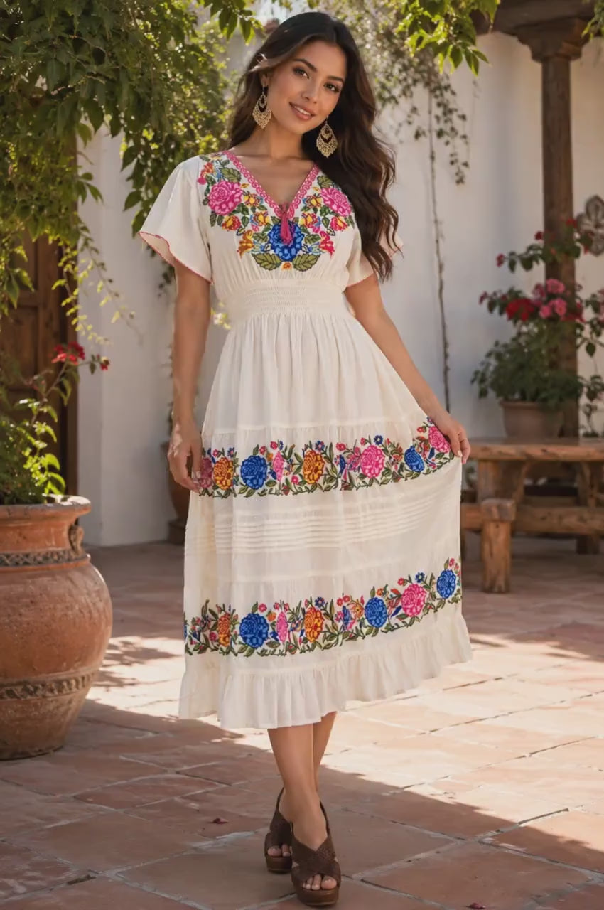 Authentic Cross-Stitched Mexican Floral Dress – Timeless Artisan Elegance