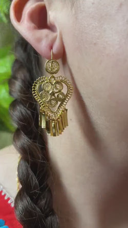 Image of Corazon Relieve - Mexican Artisanal Earrings- Beautiful Filigree Gold Plated Folkloric Earrings made by our Oaxaca Artisan Partners