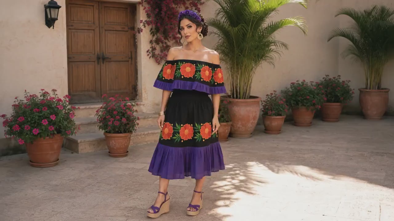 Katrina - Authentic Mexican Embroidered Dress | Black & Purple Floral Folk Art Fiesta Wear