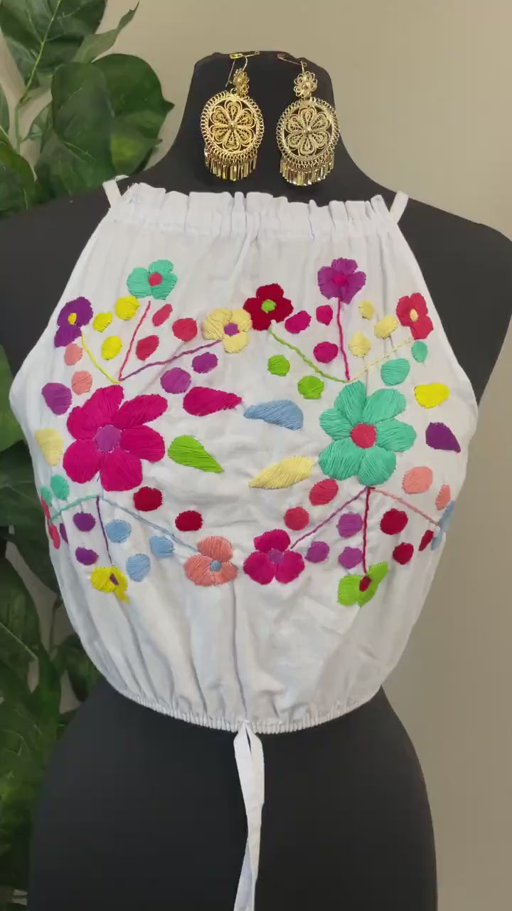 Fresh Look & Beautiful Mexican Floral Halter Blouse - Artisan Made Embroidered Blouses - Floral Halter Blouse