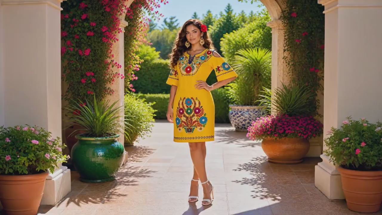 Yellow Mexican Embroidered Midi Dress | Cold Shoulder Fiesta Boho Style