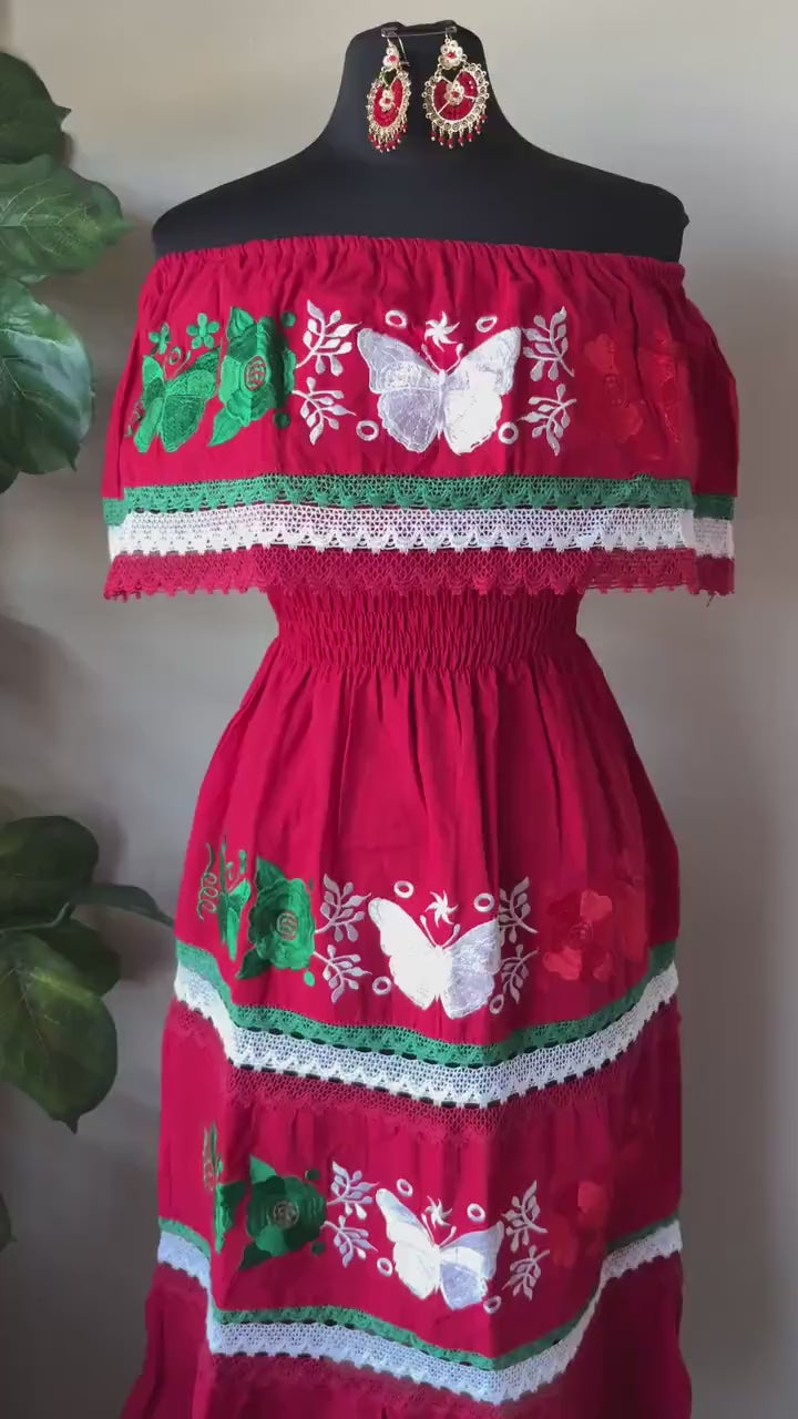 Embroidered Mexican Dress: Red, White & Green Floral Manta Cotton
