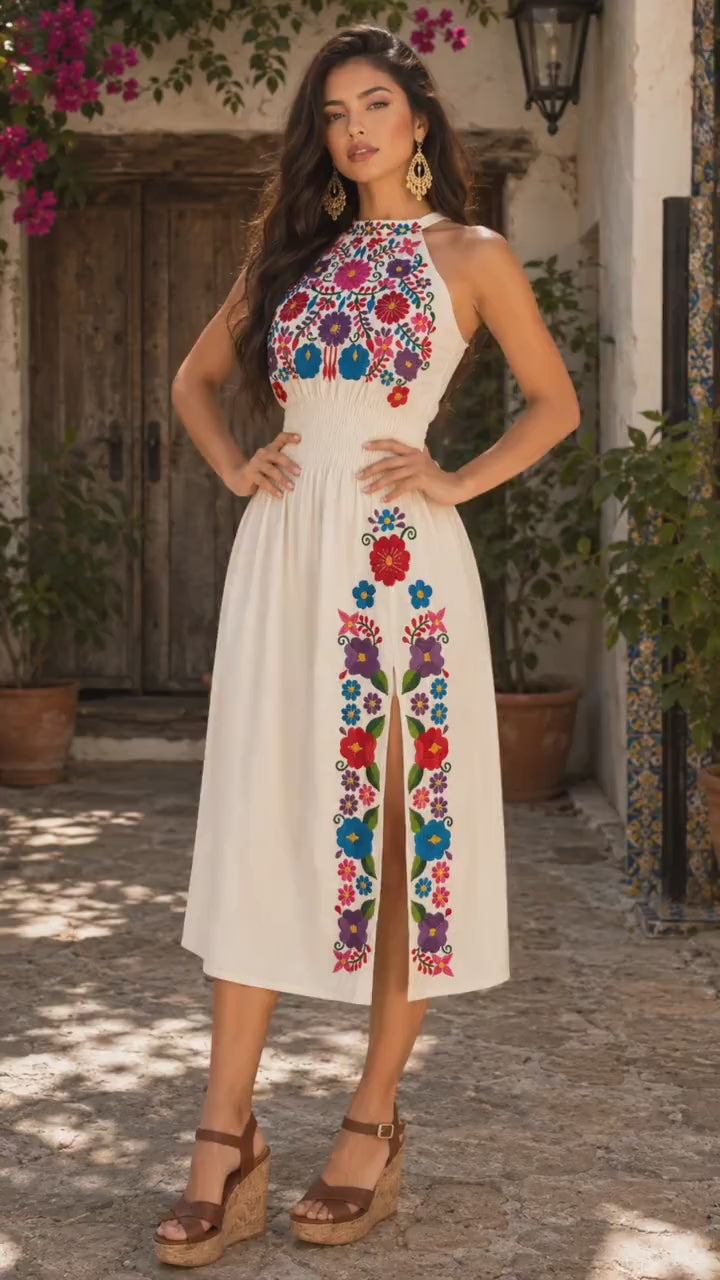 Maggie-Beige – Authentic Embroidered Puebla Dress | Sleeveless Mexican Artisan Muslin Dress | Perfect for a Cocktail party