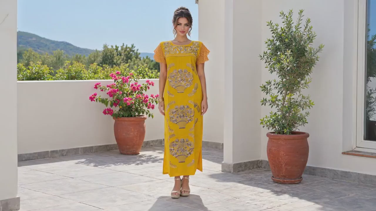 Image of Mexican Embroidered Maxi Dress, Golden Floral Artisanal Style, Cocktail Date Night - Medium & Large