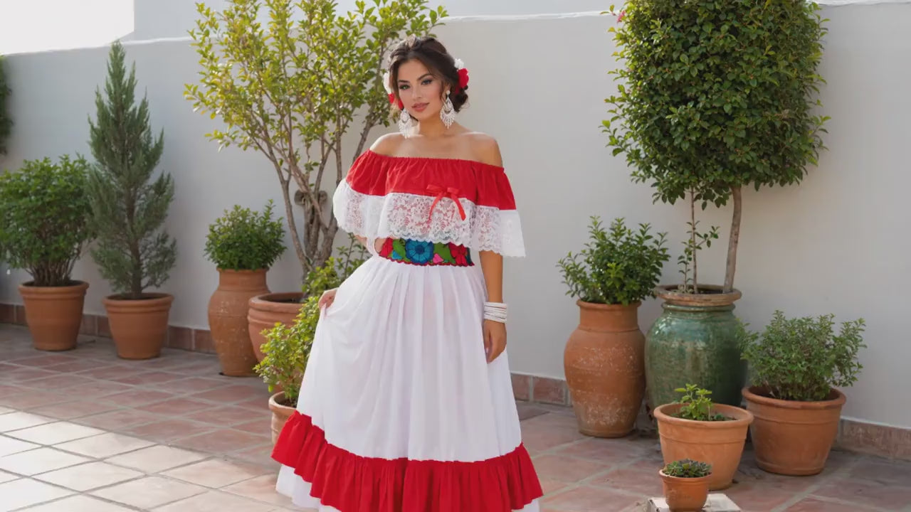 Ana Mexican Folklorico Dance Costume, Ruffled Lace Blouse, Embroidered Belt, Satin Ribbon Skirt (Large)