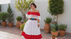 Ana Mexican Folklorico Dance Costume, Ruffled Lace Blouse, Embroidered Belt, Satin Ribbon Skirt (Large)