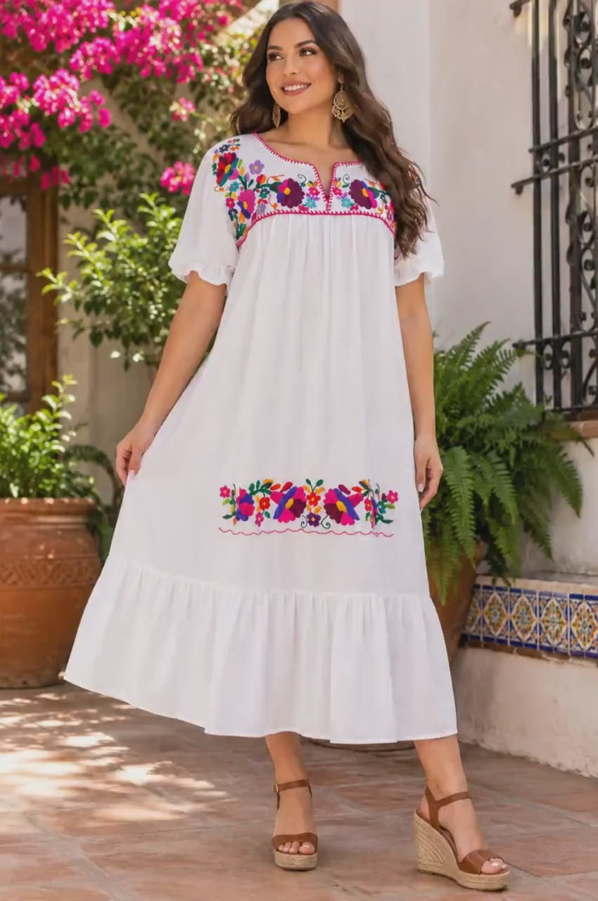 Handmade Puebla Mexico Maternity Embroidered Maxi Dress | Baby Shower Dress | Resort Vacation Dress | Comfortable Pregnancy Dress | Muslin