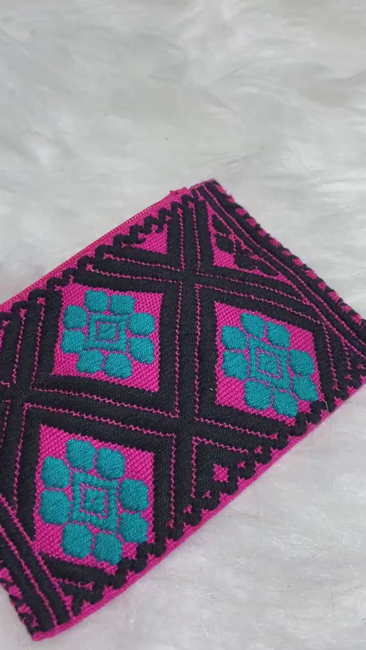 Unique Artisanal Aztec Design Coin Bag, Handmade with beautiful embroidered accents made in Chiapas, Mx.