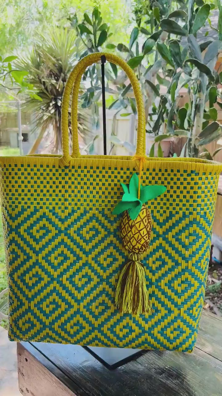 Handwoven Recycled Plastic Bag: Mexican Artisan Beach Tote with Pineapple Tassel