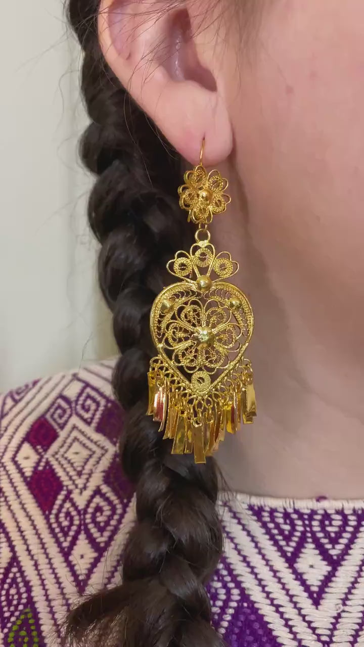 Image of Heart-Traditional Mexican Artisanal Earrings - Gold Plated Beautiful Folkloric Earrings made by our Oaxaca Artisan Partners