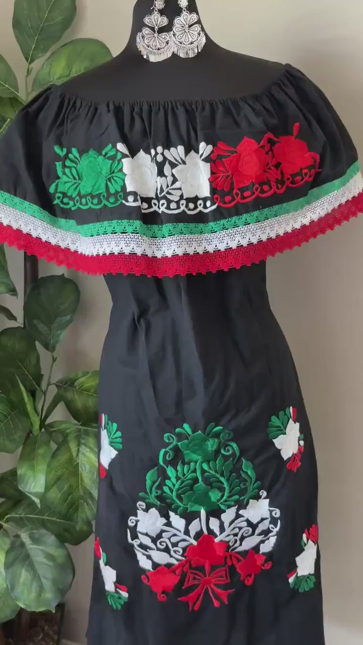 Image of Cinco de Mayo Off Shoulder Dress – Mexican Flag Colors – Handmade and Embroidered Manta Fabric