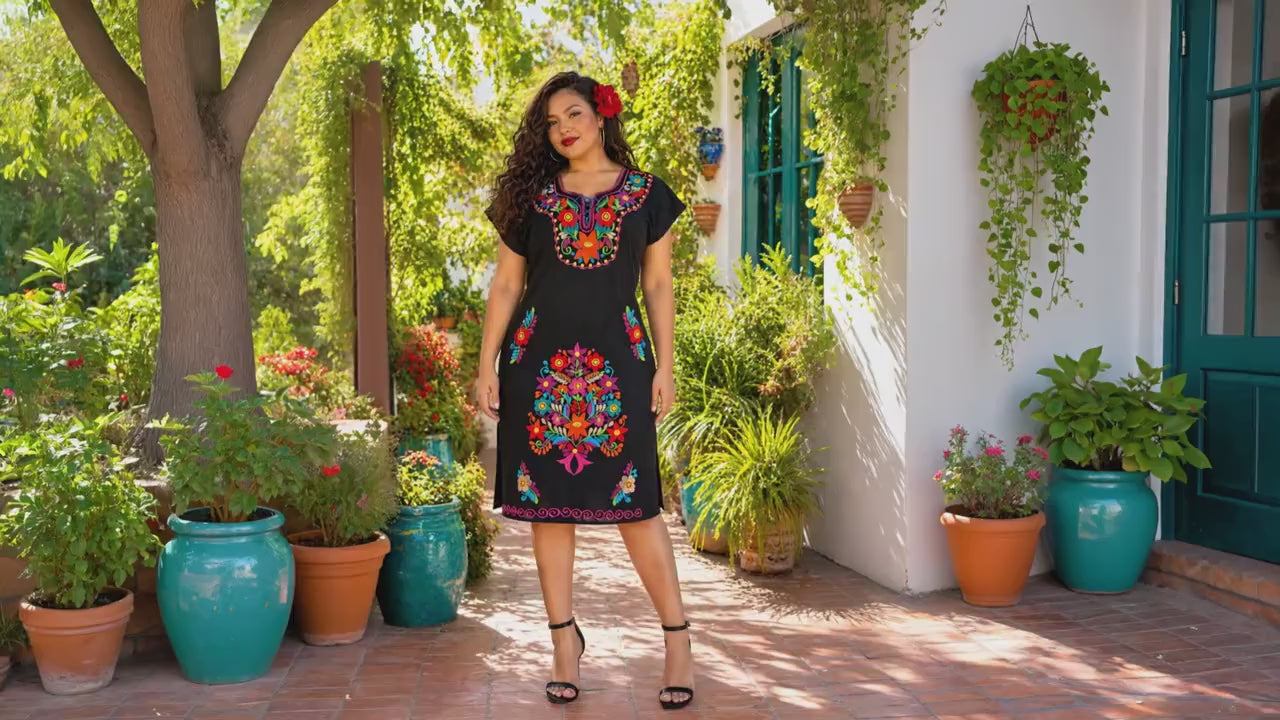 Image of Embroidered Mexican Dress | Black Sunflower Floral Boho Folklorico Style