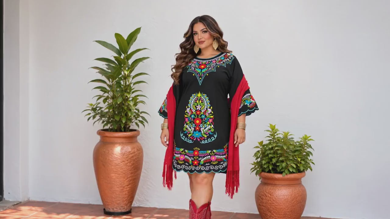 Image of Plus Size Mexican Embroidered Tunic Dress, Black Floral Folk Art, Boho Fiesta Outfit