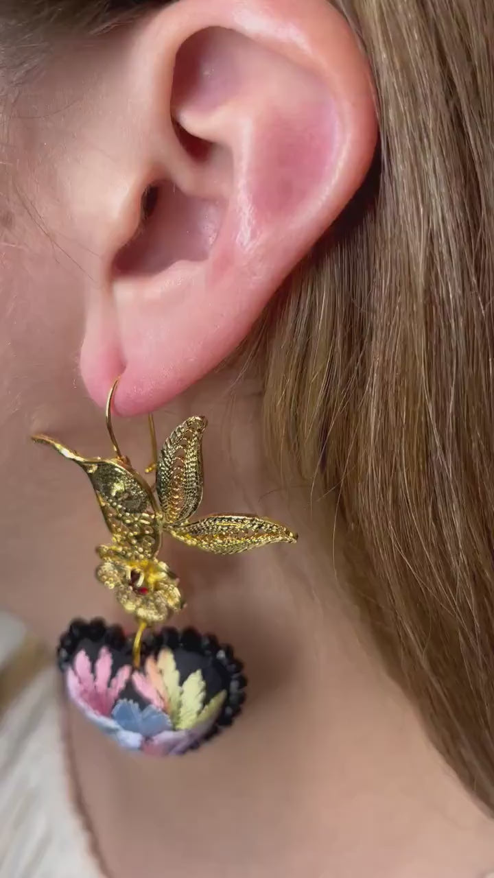 Hand Stitched  "Corazon San Antonino" Mexican Artisanal Earrings-Beautiful Gold Plated Folkloric Earrings made by our Oaxaca Artisan Partner