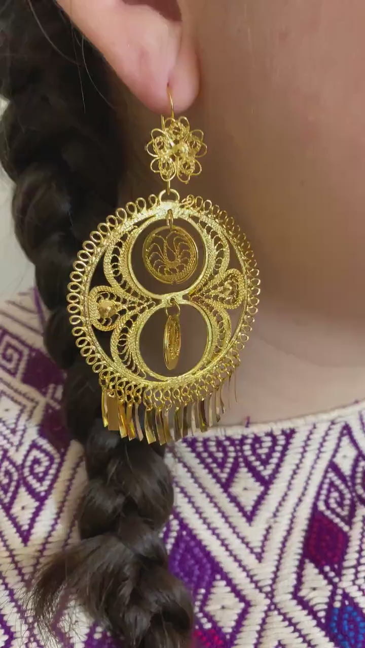Image of 2 Medallions-Gorgeous & Elegant Mexican Artisanal Gold Plated Filigree Earrings, beautifully made by our Oaxaca Partners