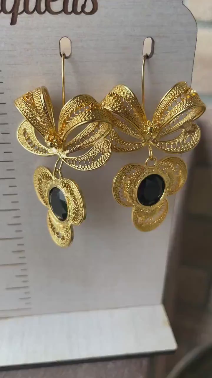 Ribbon Pendant Beautiful Mexican Artisanal Gold plated Earrings - Folkloric Earrings made by our Oaxaca Artisan Partners