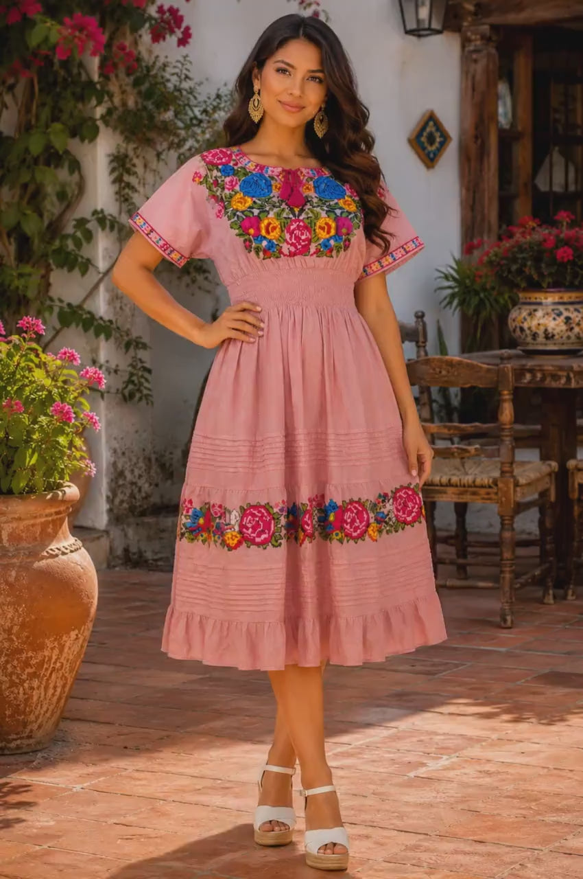 Image of Hand-Embroidered Mexican Dress | Old Rose Floral Boho Summer Style