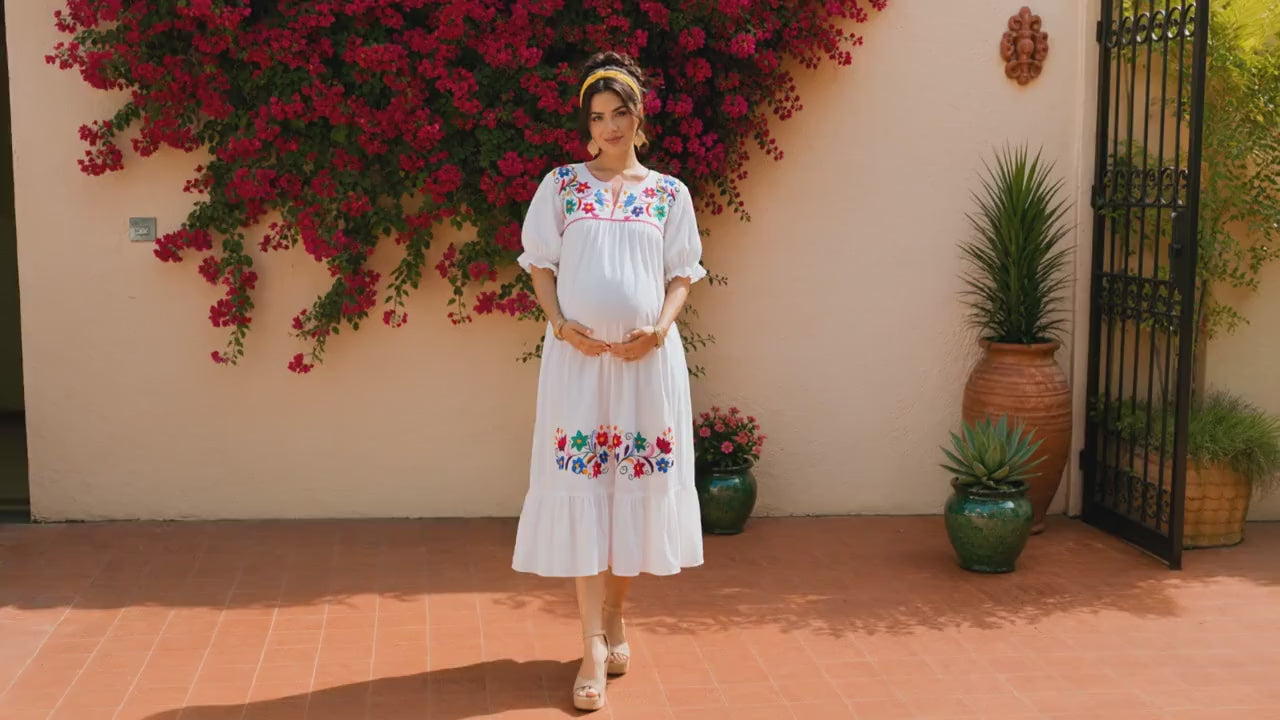 Image of Alma-white1, Handmade Embroidered Maternity Maxi Dress, Puebla Mexico, Floral Multicolor Artistry Design, Gender Reveal, Resort dress, Large