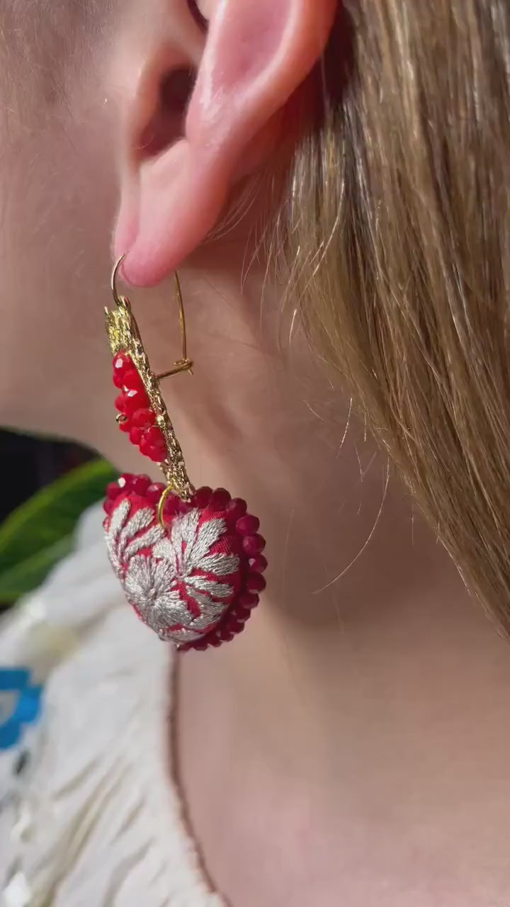 Hand Stitched  "Corazon Caracol" Mexican Artisanal Earrings-Beautiful Gold Plated Folkloric Earrings made by our Oaxaca Artisan Partner