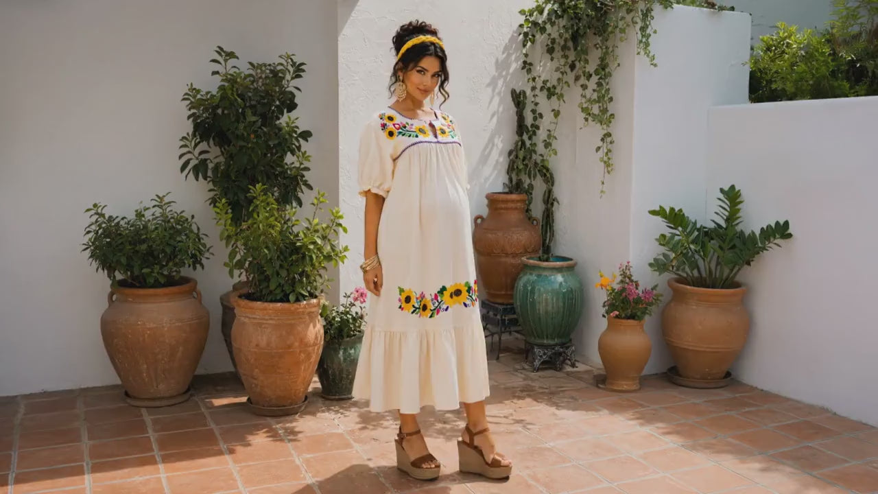 Image of Alma Beige, Handmade Embroidered Maxi Dress, Puebla Mexico, Maternity, Baby Shower, Resort Wear
