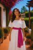 Handmade Mexican "Acapulco" White Off-Shoulder Dress w/Pink Rebozo | Traditional Boho Midi Dress | Fiesta, Vacation & Summer Wedding Outfit