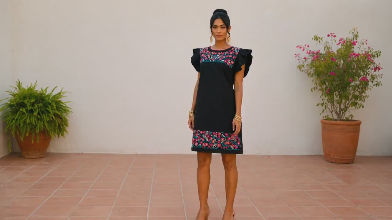 Mexican Embroidered Black "April" Dress Large, Floral Fiesta Outfit, Wedding Guest Cocktail Dress, Puebla Inspired Cruise Resort Wear