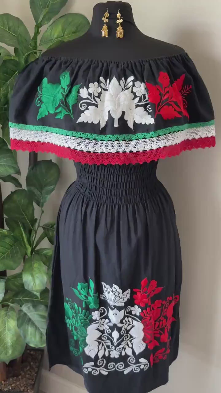 Embroidered Mexican Dress: Off-Shoulder Manta Cotton Fiesta Dress