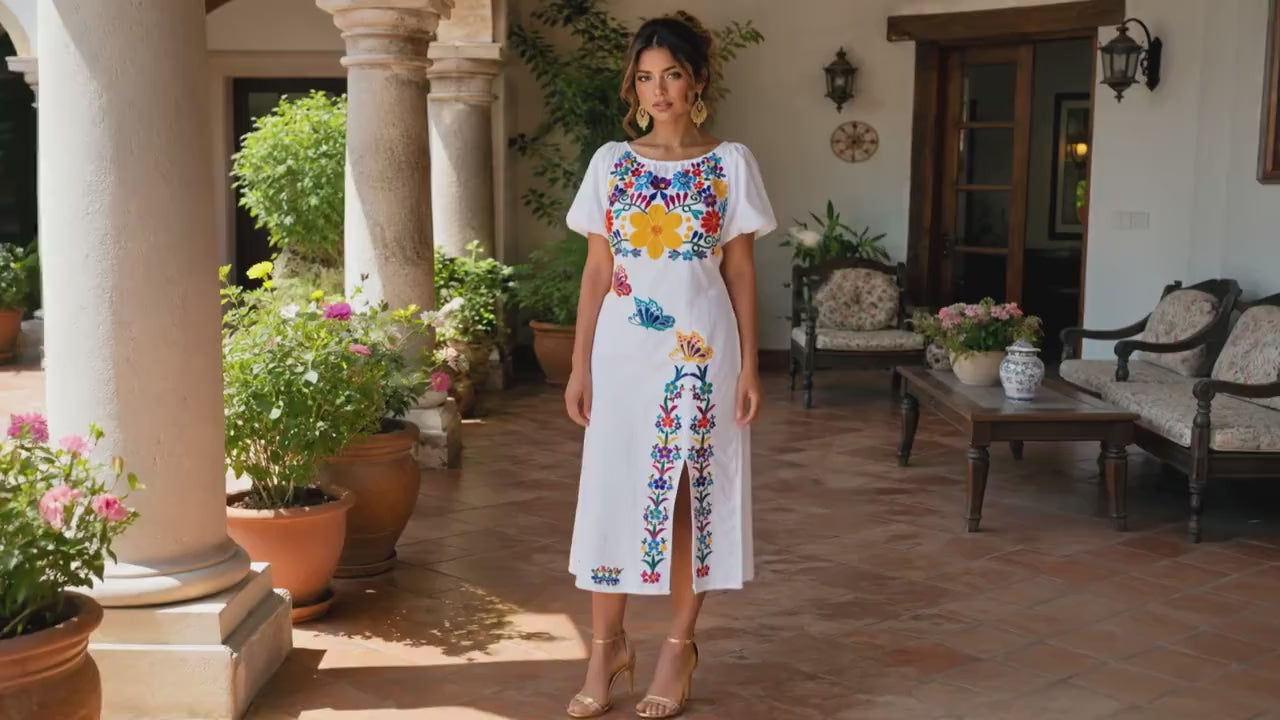 Handmade White Mexican Embroidered Midi "Grecia" Dress | Floral Butterfly Artisan Puebla Style
