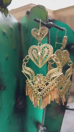 Image of Arrow Heart - Gorgeous & Elegant Mexican Artisanal Gold Plated Filigree Earrings - Beautiful Folkloric Earrings made by our Oaxaca Partners