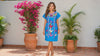 Turquoise Mariposa Embroidered Dress, Gold Butterfly Fiesta Style, Knee-Length Boho Dress