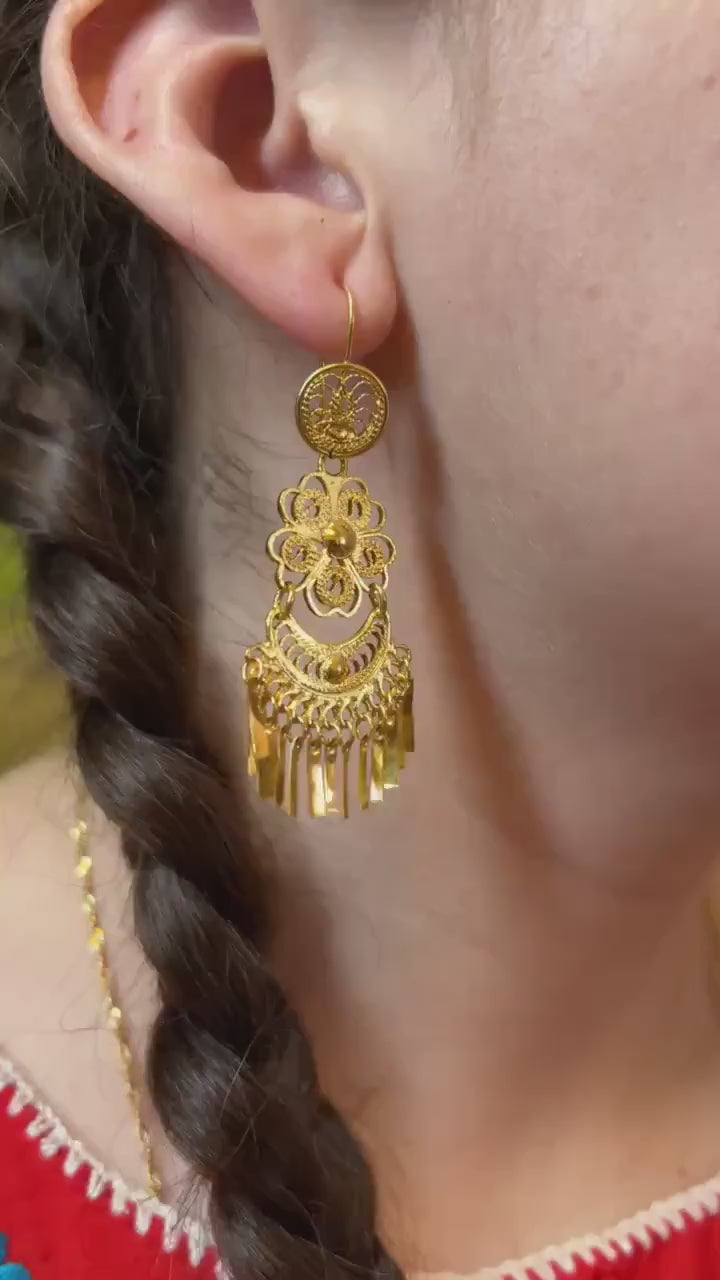 Margarita Luna- Mexican Artisanal Earrings- Beautiful Filigree Gold Plated Folkloric Earrings made by our Oaxaca Artisan Partners