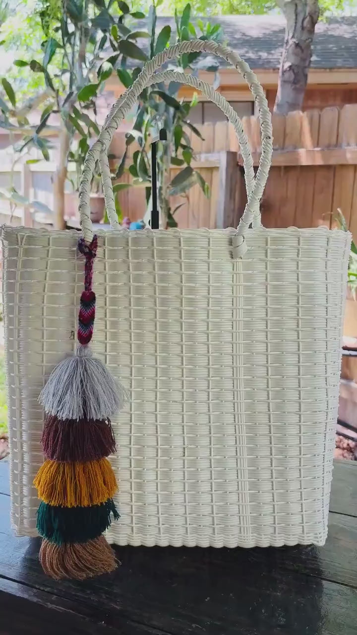 Image of White Handwoven Recycled Plastic Bag - Artisan Made Bag from Chiapas, Mexico - Great as a Groceries, Beach, Birthday Gift Bag