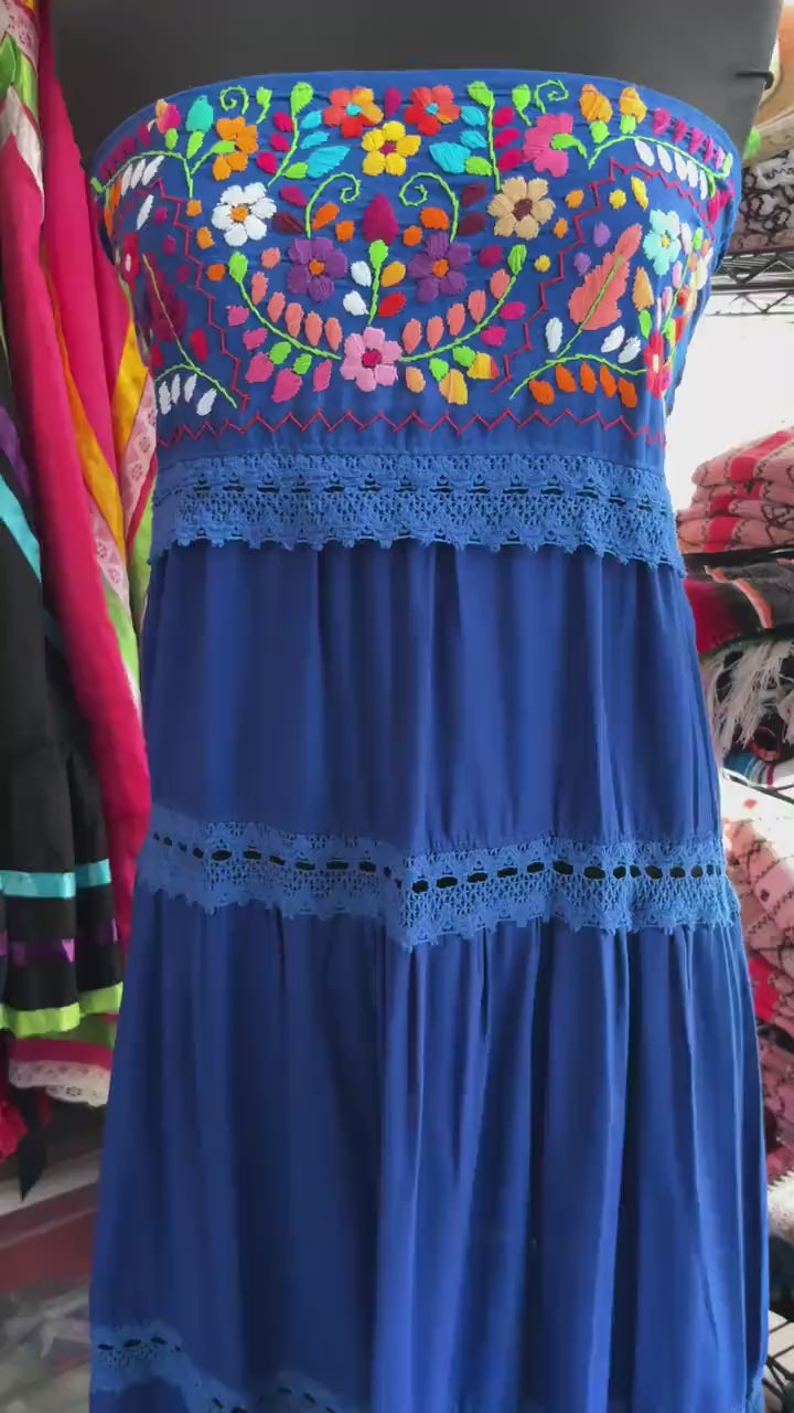 Gorgeous Mexican Hand Embroidered Strapless Dress - Handmade Artisanal Strapless Dress - Hand Embroidered Dress - Small