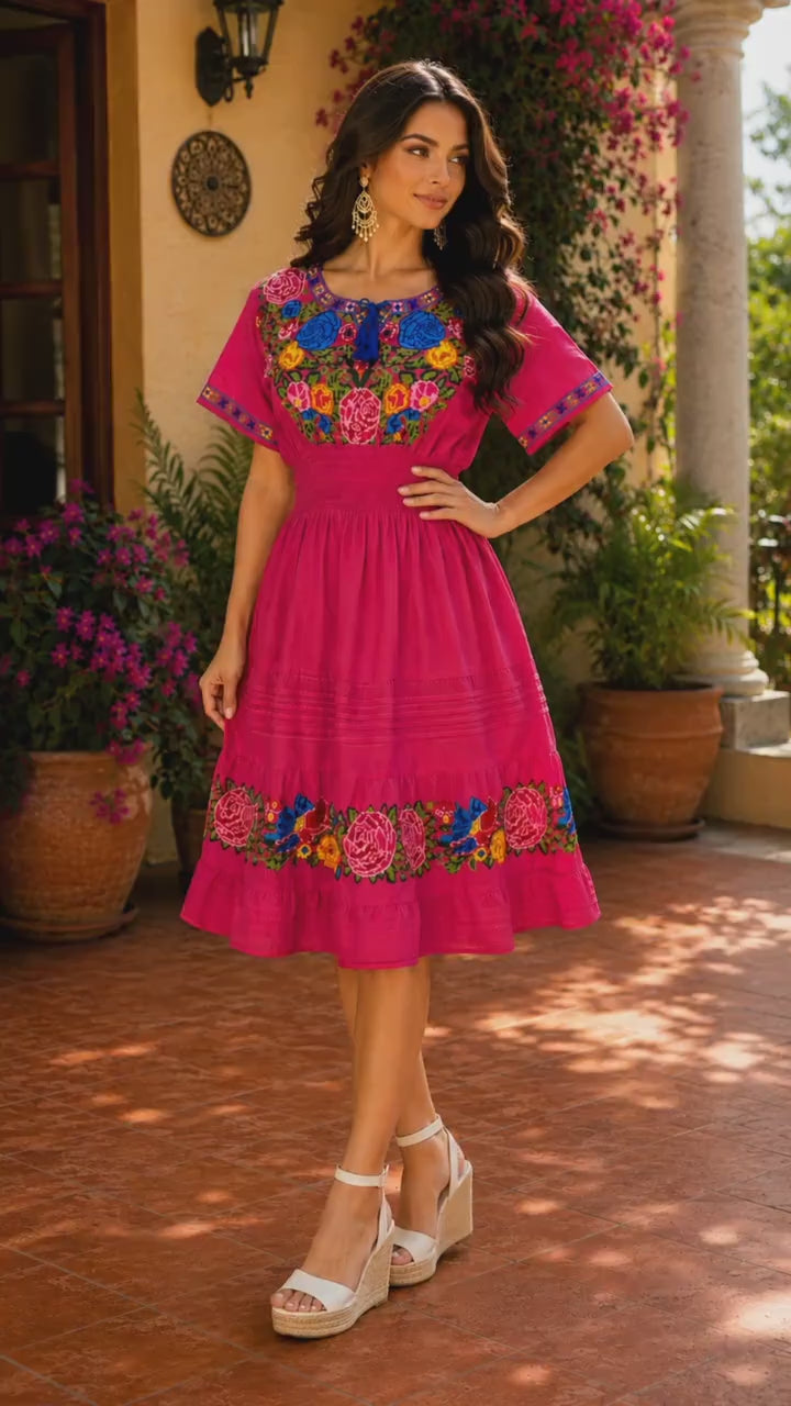 Image of Handmade Mexican Hot Pink Cross-Stitched Dress | Artisan Embroidered Cotton Dress | Traditional Floral Embroidery | Women's Boutique Fashion