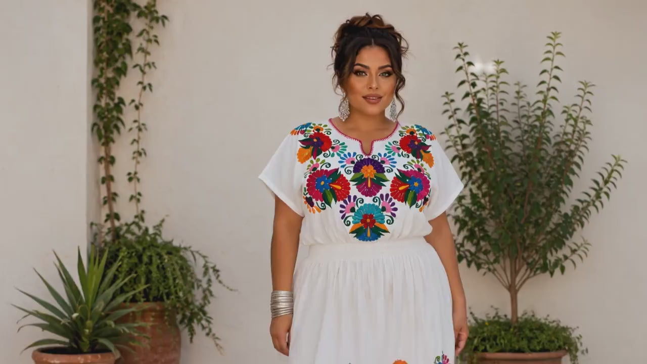 Image of White Mexican Embroidered Muslin Dress, XL, Floral Fiesta Summer Outfit