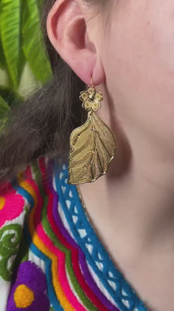 Image of Gold Plated Mexican Leaf Earrings – Oaxaca Folkloric Jewelry