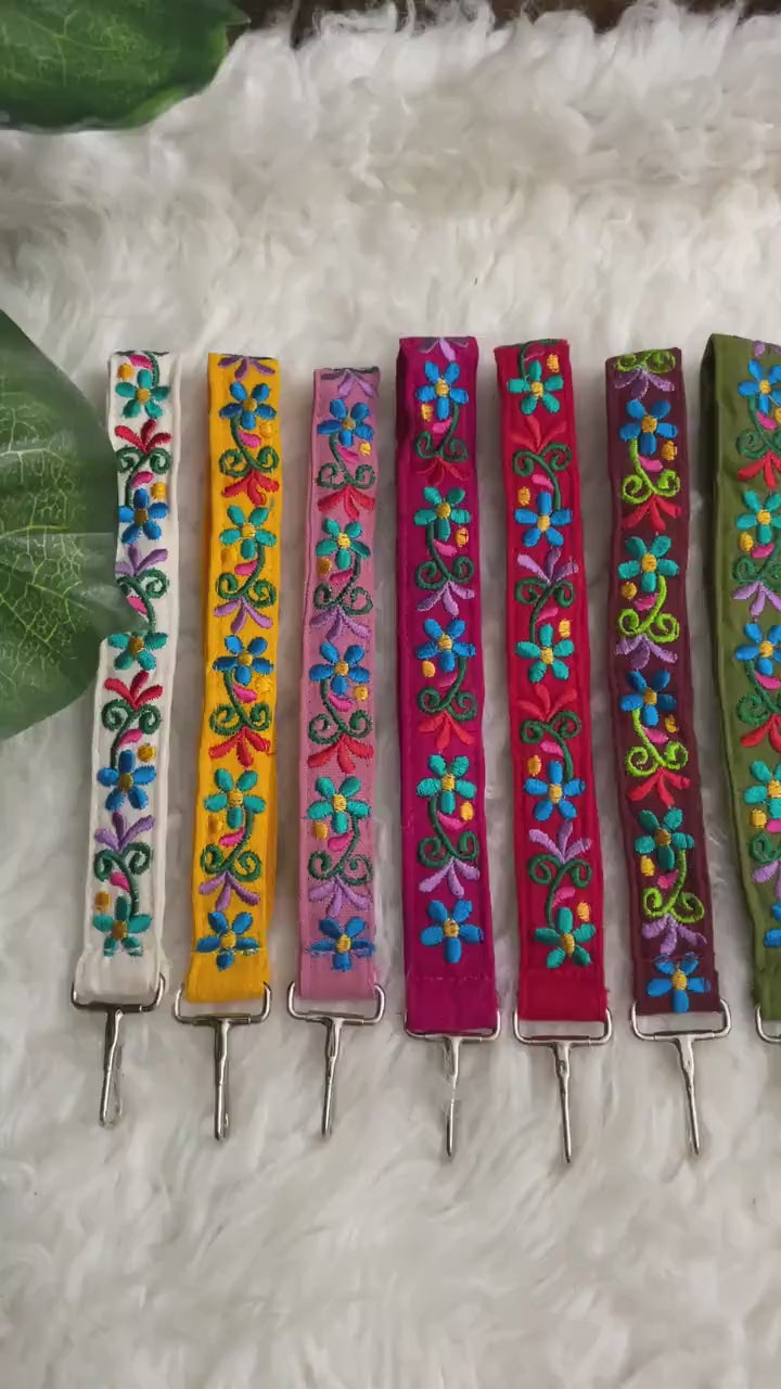 Floral Embroidered Wristlet Lanyard Key/ID Holder - Clip Lanyard Key/ID Holder - Artisanal made