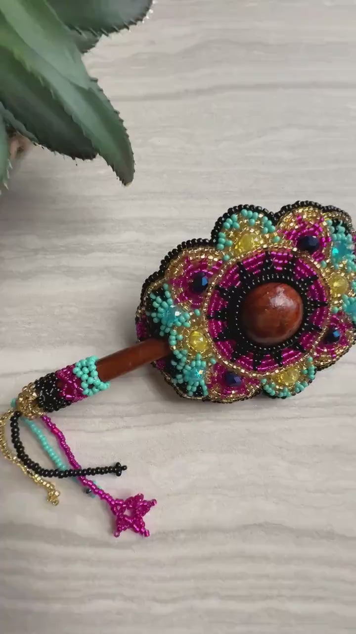 Hand Beaded Hair Stick Barrette: Artisanal Hair Accessory